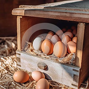 Homemade chicken eggs in hay and a wicker basket with feathers, chicken coop