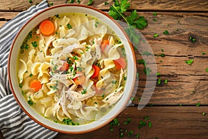 Homemade chicken noodle soup with vegetables and spices in a bowl. Healthy food concept