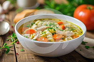 Homemade chicken noodle soup with vegetables and spices in a bowl. Healthy food concept