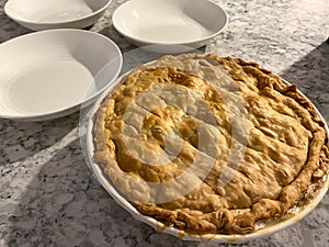 A homemade chicken pot pie freshly baked