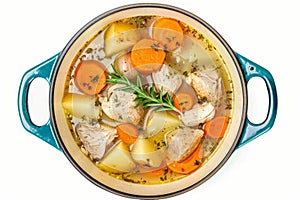 Homemade Chicken Soup, Traditional Meat Broth, Sturdy Clear Chicken Bouillon in Cook Pot