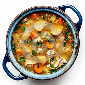 Homemade Chicken Soup, Traditional Meat Broth, Sturdy Clear Chicken Bouillon in Cook Pot