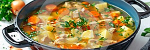 Homemade Chicken Soup, Traditional Meat Broth, Sturdy Clear Chicken Bouillon in Cook Pot