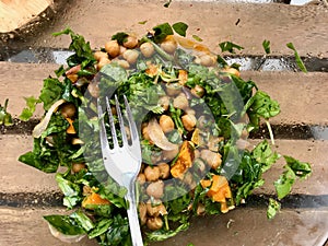 Homemade Chickpea Salad with Sweet Potatoes at Balcony of Home