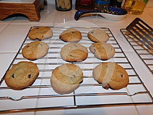 Homemade chocolate and butterscotch chip cookies on cooling rack