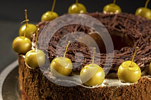 Homemade chocolate cake sweet pastry dessert with brown icing, green decorative cherries