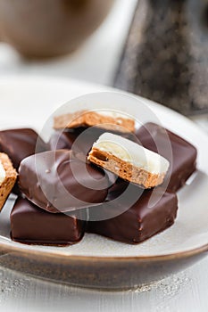 Homemade chocolate candies with vanilla and chocolate soufle. Bi