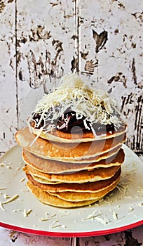 Homemade chocolate and cheese pancake photo