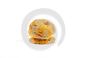 Homemade chocolate chip and almond cookies isolated on white background