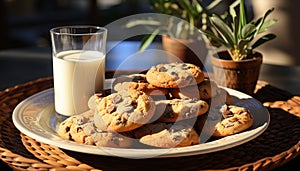 A homemade chocolate chip cookie on a rustic wooden table generated by AI