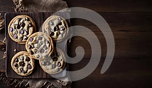 Homemade Chocolate Chip Cookies on Dark Wooden Table, Copy Space