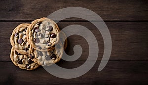 Homemade Chocolate Chip Cookies on Dark Wooden Table, Copy Space