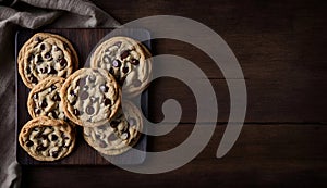 Homemade Chocolate Chip Cookies on Dark Wooden Table, Copy Space