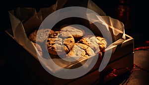 Homemade chocolate chip cookies stacked on rustic wooden table background generated by AI