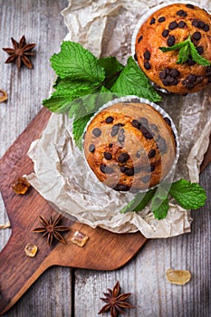 Homemade chocolate chip muffins for breakfast