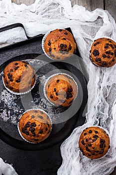 Homemade chocolate chip muffins for breakfast, seasonal cake