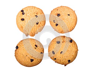 Homemade chocolate chips cookies on white background in top view, clipoing paths