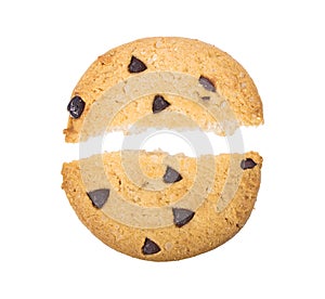 Homemade chocolate chips cookies on white background in top view, clipoing paths