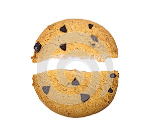 Homemade chocolate chips cookies on white background in top view, clippoing paths