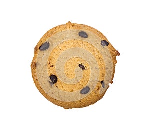 Homemade chocolate chips cookies on white background in top view, clippoing paths