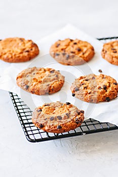 Homemade chocolate chips cookies on a wire rack