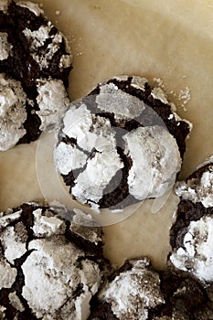 Homemade Chocolate Crinkle Cookies, top view. Flat lay, overhead, from above