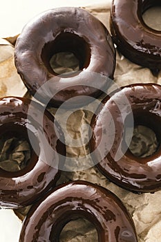 Homemade chocolate donuts. Healthy donuts with no added sugar. photo