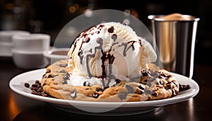 Homemade chocolate ice cream on a wooden plate, indulgent dessert generated by AI