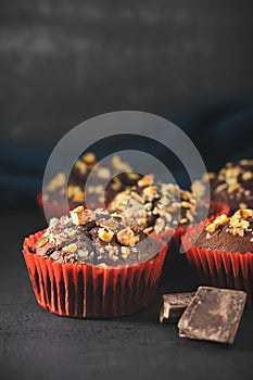 Homemade chocolate muffins or cupcakes sprinkled of nuts on dark background