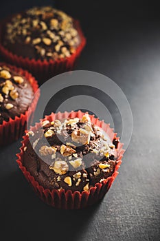 Homemade chocolate muffins or cupcakes sprinkled of nuts on dark background