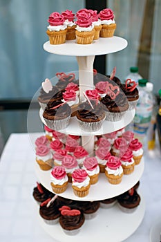 Homemade chocolate and pumpkin muffins with white cream and red roses on a wooden cake stand