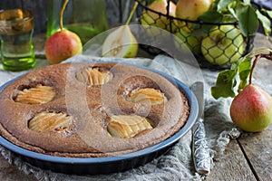 Homemade chocolate tart with frangipane and pears