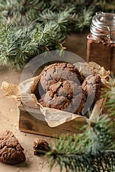 Homemade christmas chocolate cookies in wooden box on brown festive background with fir tree branches. Christmas holiday