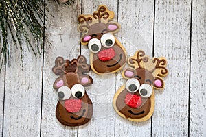 Homemade Christmas reindeer decorated sugar cookies, isolated on wood bcakground photo