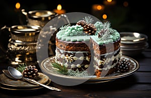 Homemade Christmas's cake with decoration candle.