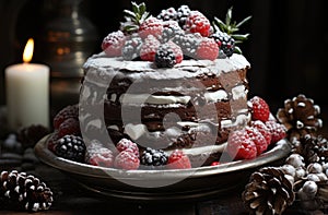 Homemade Christmas's cake with decoration candle.