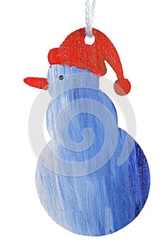 Homemade Christmas Snow Man l made of wood and painted with acrylic paints isolated