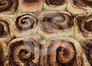 Homemade cinnamon rolls scrunched together in a pan
