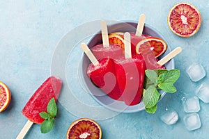 Homemade citrus ice cream or popsicles decorated mint leaves and orange slices. Frozen fruit juice.