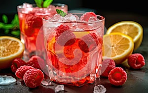 Homemade citrus and raspberry lemonade with ice. Summer cool drinks. Created with generative AI technology
