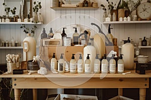 homemade cleaning products display in a retail store, with bottles and jars attractively arranged