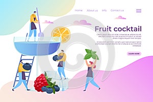 Homemade cocktail recipes, landing page vector Illustration. Refreshing drink made from blueberries, peppermint, slice