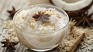 Homemade Coconut Milk Rice Pudding with Spices on Wooden Table