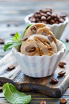 Homemade coffee ice cream and mint leaves.
