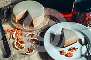 Homemade coffee puff cake on rustic background