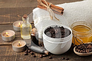 Homemade coffee scrub in a white jar for the face and body and various ingredients for making scrub. spa. cosmetics. care cosmetic