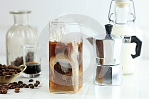 Homemade Cold Brew Coffee with Milk and Coffee Beans