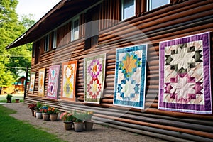 homemade colorful quilts hanging outside a rustic house