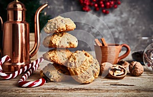 Homemade cookies with cup coffee nuts