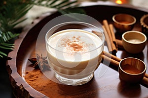 Homemade Coquito or Puerto Rican Eggnog is traditional Christmas drink with coconut milk and spices